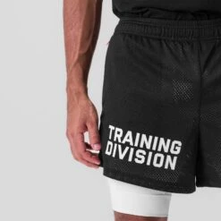 0848. SilverPlus™ Mesh 5" Liner Short - Black/White "Training Division" -Fashion Shop Black MeshShorts 7