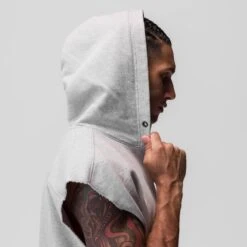 0844. Tech Essential™ Raw Hem Cutoff Hoodie - Heather Grey -Fashion Shop HeatherGrey CutoffHoodie 2