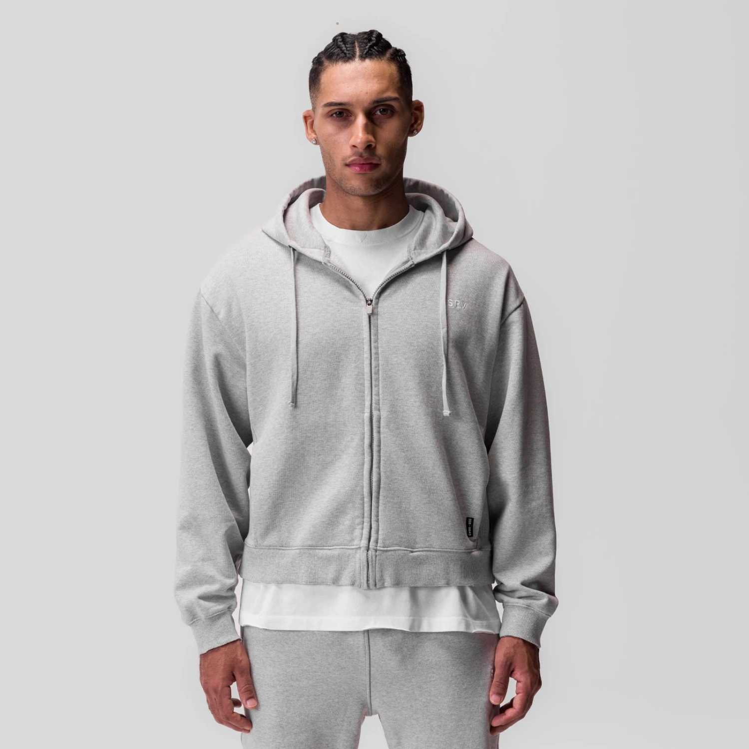0843. Tech Essential™ Distressed Full Zip Hoodie - Heather Grey 4 0843. Tech Essential™ Distressed Full Zip Hoodie - Heather Grey - Image 2
