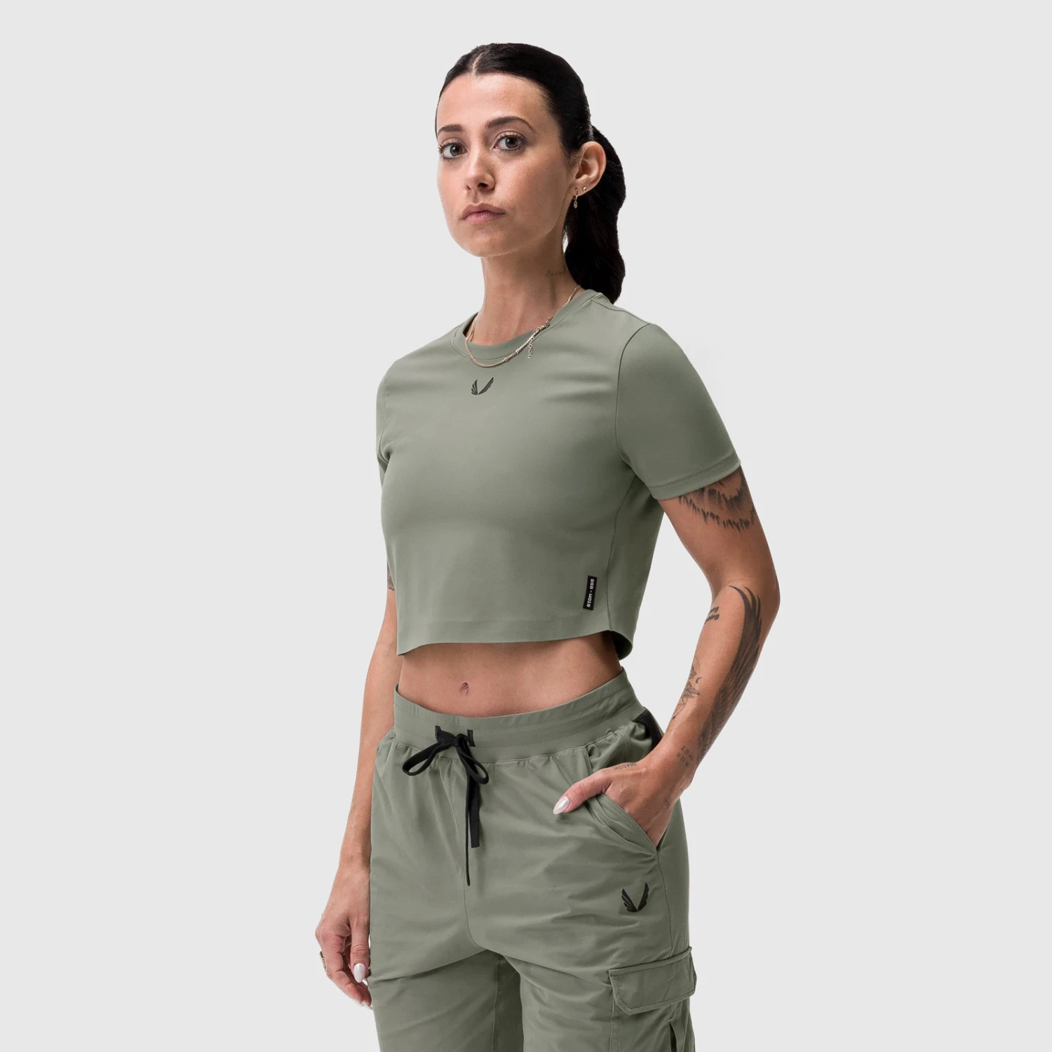 W019. Lycra® Cropped Tee - Sage 3 W019. Lycra® Cropped Tee - Sage